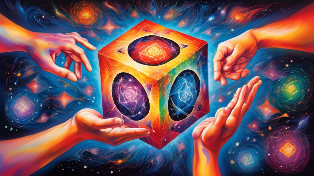 A bright, imaginative painting of hands unfolding a colorful Shashibo cube, revealing a magical, expansive universe inside, with light and elemental symbols swirling around, embodying creativity.