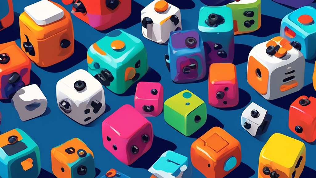 An illustrated guide showing a variety of colorful fidget cubes in use around the world, highlighting their benefits for concentration and stress relief in diverse settings, from classrooms to offices.