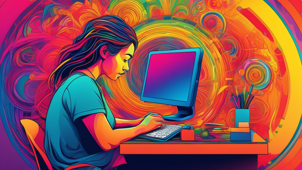 Create a vibrant, digital artwork depicting a person sitting at a desk, completely absorbed in creating intricate spirograph patterns that come to life and swirl around the room in a rainbow of colors.