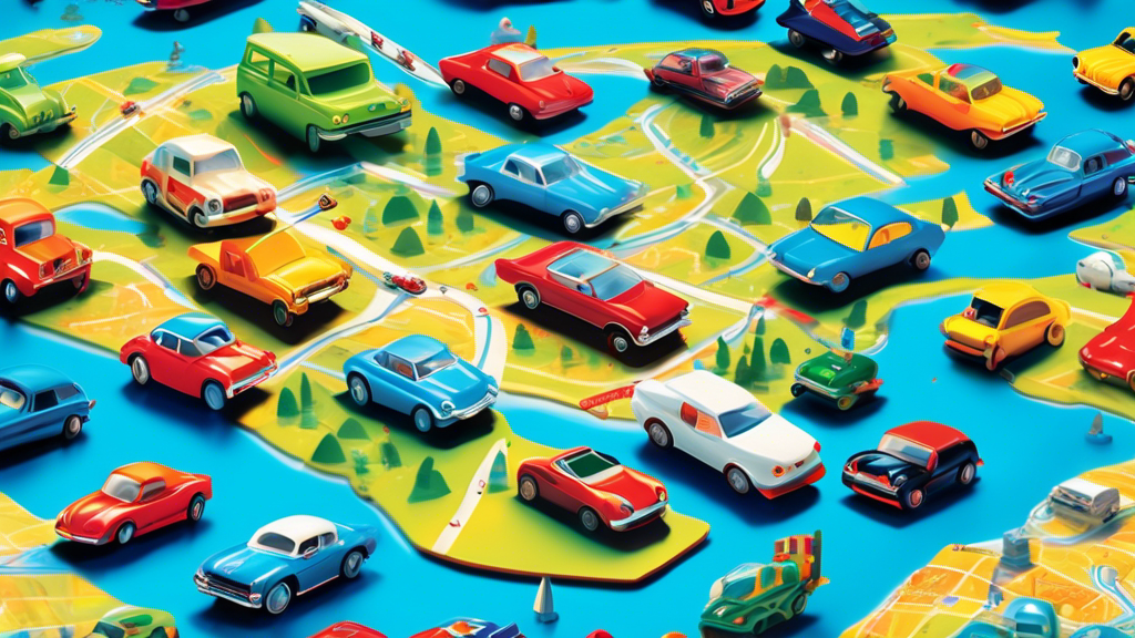 An array of colorful toy cars of various makes and models playfully racing against each other on a vibrant, illustrated map of the world, showcasing famous landmarks and terrains in the background, under a clear blue sky.