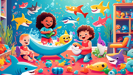 A colorful illustration of a group of cartoon kids joyfully playing with a variety of Baby Shark toys, including plush dolls, bath toys, and musical instruments, in a vibrant underwater-themed playroom.