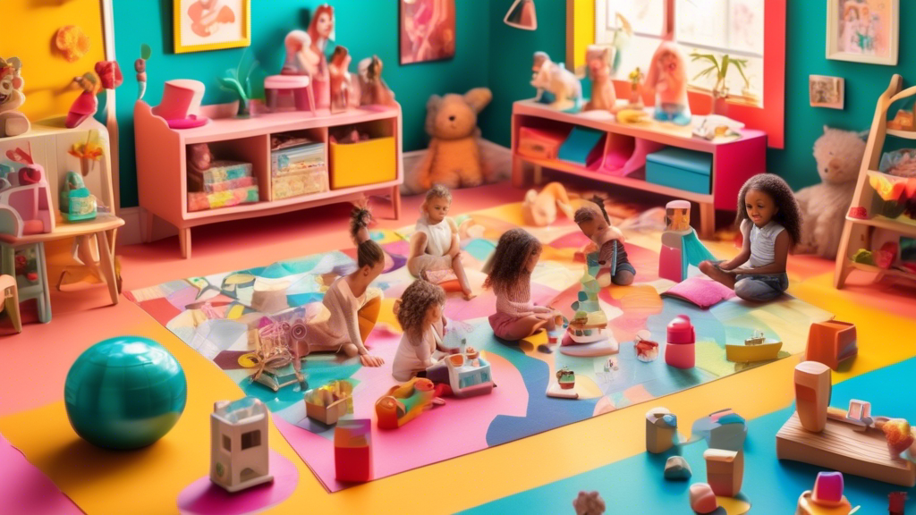 An enchanting selection of Gabby's Dollhouse toys spread out on a colorful play mat, with children happily playing and pretending in a brightly lit, cheerful playroom.