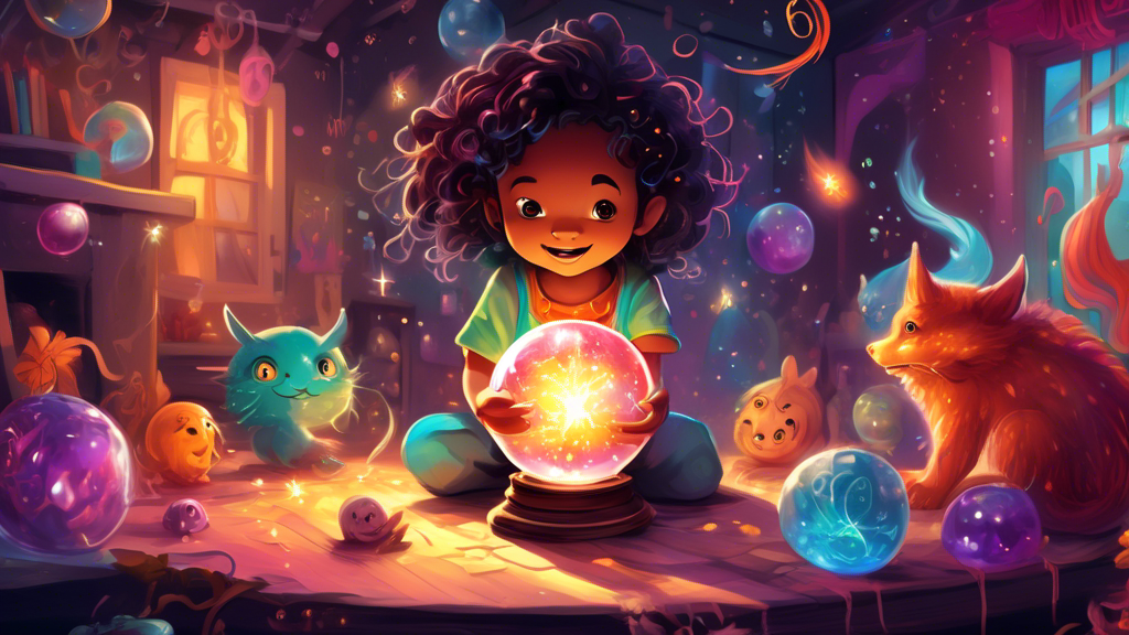 An illustration of a child in awe, casting a spell with a Magic Mixies Crystal Ball, surrounded by colorful magical sparks and adorable mystical creatures in a dimly lit, enchanted room.