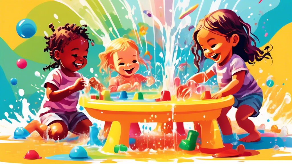 Cheerful children playing with assorted toys at colorful water play tables on a sunny day, with splashes of water creating rainbows in the background.