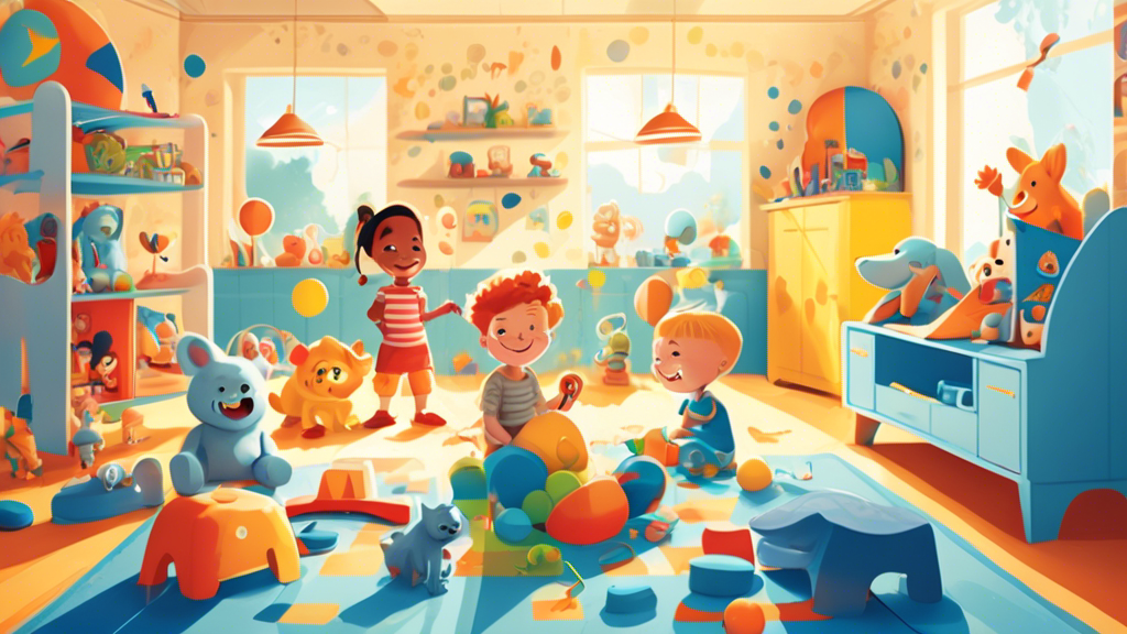 Illustration of a cheerful, sunlit children's playroom filled with various Bluey-themed toys and smiling children playing together.