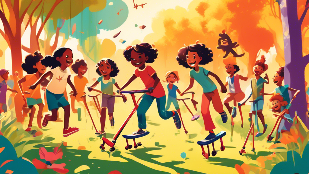 a vibrant illustration of children of diverse backgrounds joyfully bouncing on pogo sticks in a lush, sunlit park, with vintage and modern pogo sticks scattered around, showcasing their evolution through time