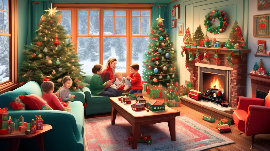 A cozy living room on Christmas morning, with a meticulously detailed Christmas train set winding through a miniature snowy village under a beautifully decorated Christmas tree, while a family watches with joy.