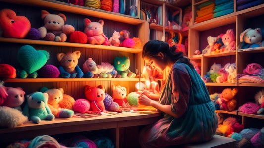 An artisan in a whimsical workshop surrounded by shelves of colorful fabrics and threads, meticulously crafting a unique, personalized stuffed animal with a glowing heart, under a warm, soft light.