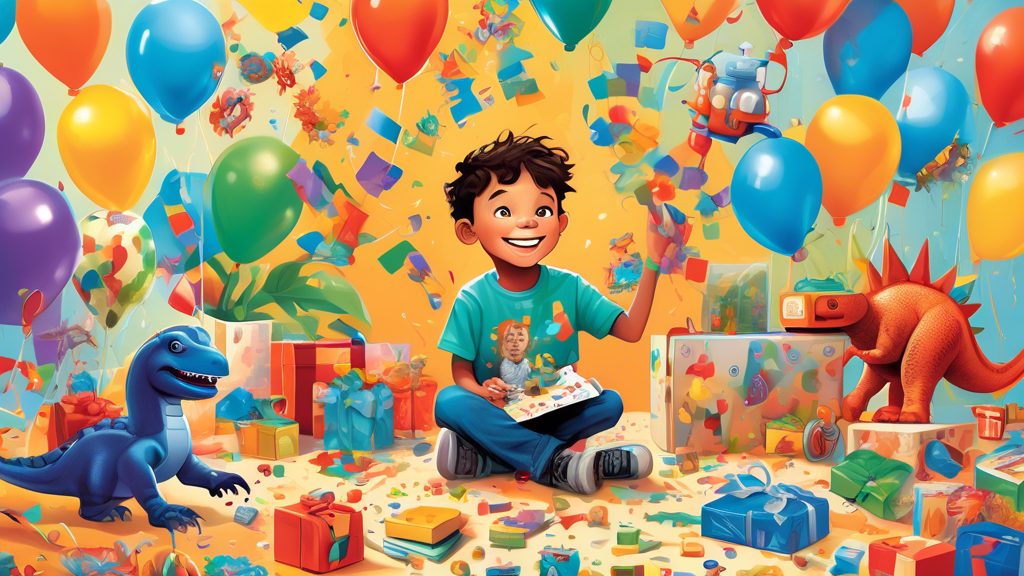 A vibrant illustration of a six-year-old boy surrounded by a variety of fun and educational gifts, including a colorful puzzle, a miniature robot, a dinosaur fossil kit, and an interactive storybook, with a backdrop of balloons and confetti to celebrate.