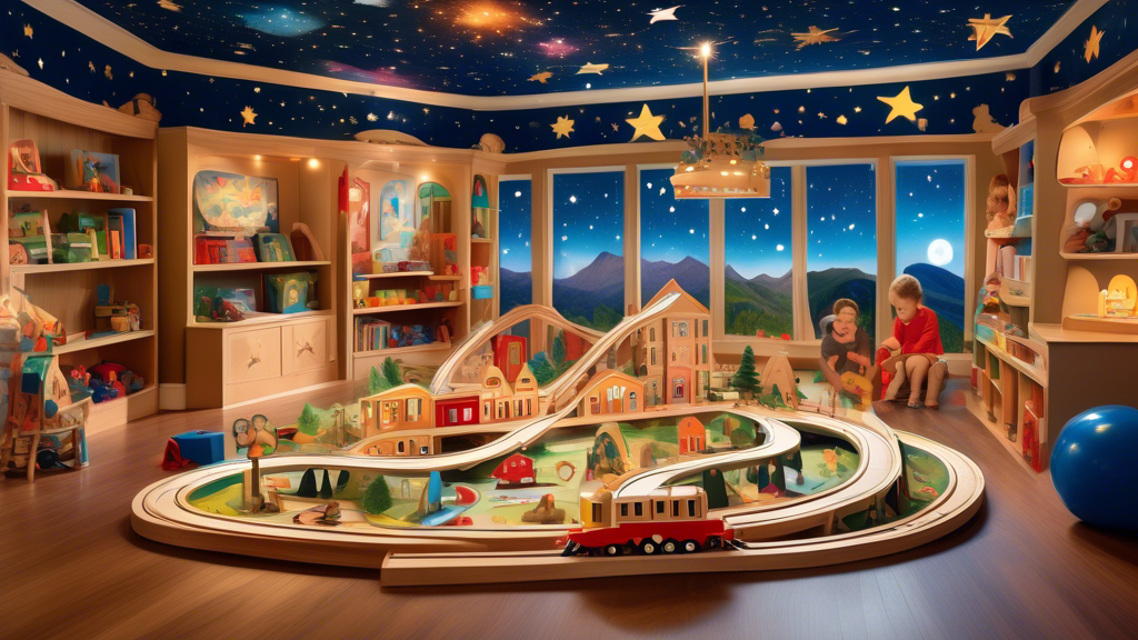 An enchanting playroom filled with children joyfully playing with an elaborate wooden train set, featuring a winding track through miniature mountains, tunnels, and towns, all under a magical, twinkling starry sky ceiling.