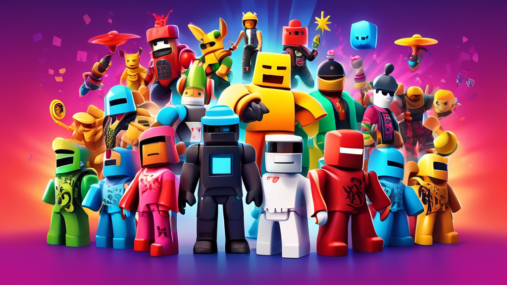 A vibrant and detailed illustration showcasing a diverse collection of the most popular and beloved Roblox toys, featuring unique characters and accessories, arrayed on a colorful, playful background that captures the essence of the Roblox universe.