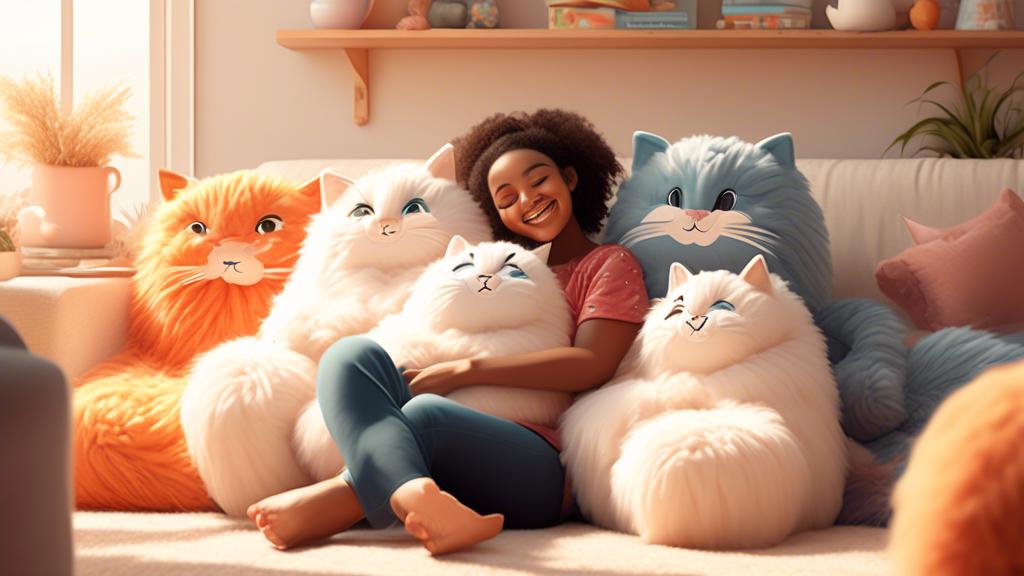 A joyful person hugging a giant, ultra-fluffy, realistic long cat plush in a cozy, sunlit living room filled with various adorable cat-themed decorations.