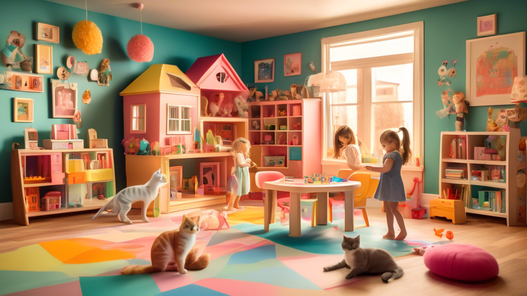 An imaginative playroom filled with children joyfully playing with an assorted collection of Gabby's Dollhouse toys, colorful furniture in the background resembling parts of the dollhouse, with a cat-themed decor under a soft, warm light.