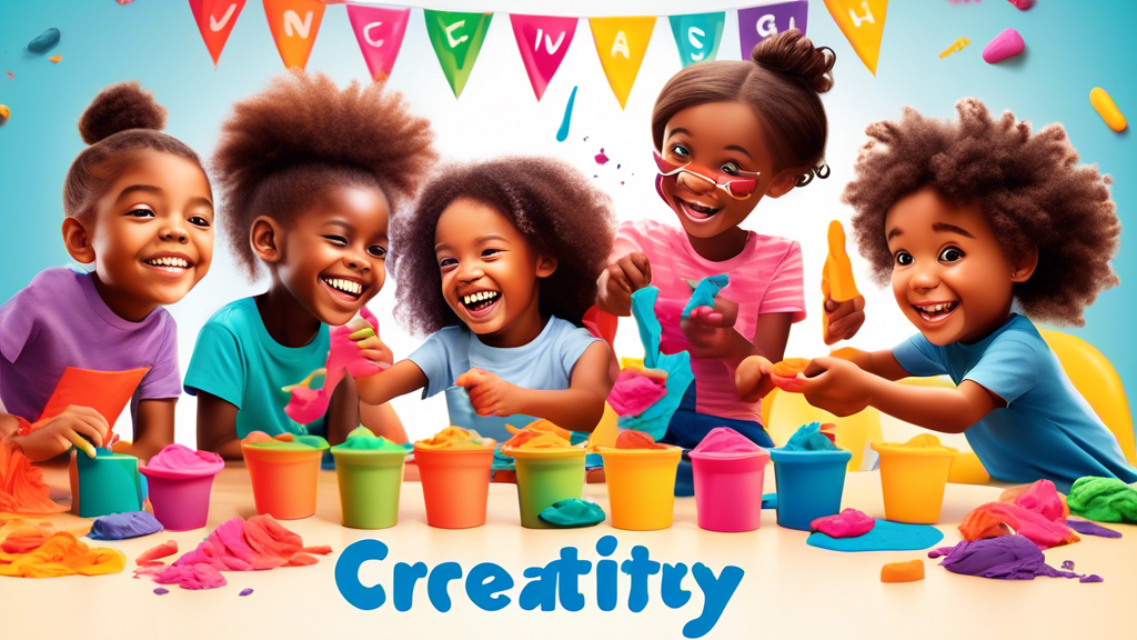 Diverse group of children sitting around a table, smiling and sculpting imaginative shapes with colorful Play-Doh, under a banner that reads 'Unleashing Creativity!'