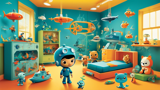 Colorful illustration of a child playing in a room decorated with Octonauts toys, including submarines and character figures, with a sense of wonder and adventure.