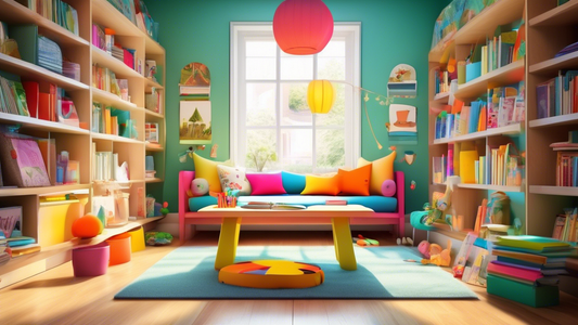 A bright and cozy reading nook for children with a beautifully designed, colorful activity table at the center, surrounded by shelves filled with books and crafts supplies, in a spacious, well-lit room.