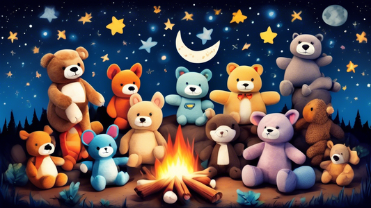 An adorable array of various stuffed animals gathered around a campfire under a starry night sky, each with a joyful expression, showcasing their role as comforting companions.