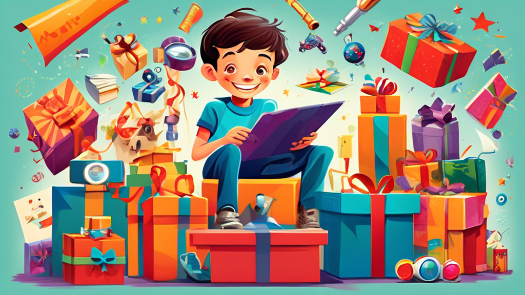 An imaginative illustration showcasing a variety of gifts floating around a delighted 7-year-old boy, including latest gadgets, sports equipment, books, building blocks, and a telescope, under a banner titled 'Top Gifts for Every Interest.'