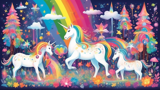 A dazzling array of unicorn toys of all sizes and colors playing in a mystical, enchanted forest under a sparkling rainbow.