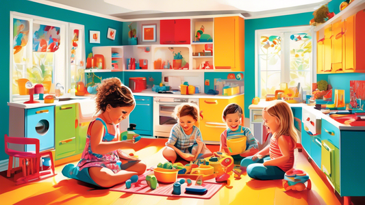 Colorful, detailed illustration of happy children playing with a modern, fully-equipped, toy kitchen set in a bright, inviting playroom setting.