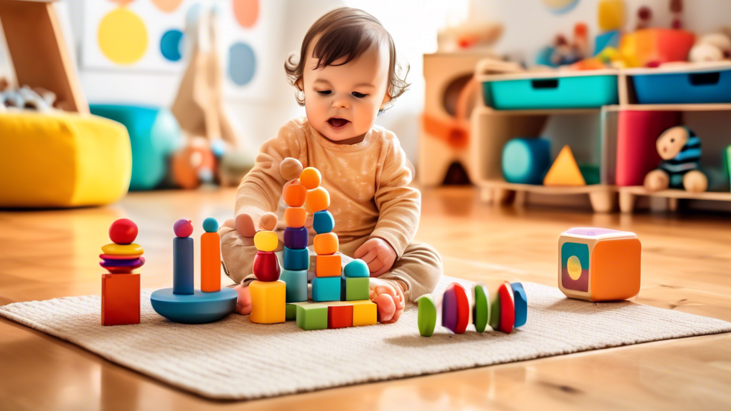 Colorful Montessori toys spread out on a wooden floor, featuring various sensory blocks, shape sorters, and musical instruments, with a happy 1-year-old child playing and exploring, in a bright, sunlit playroom.