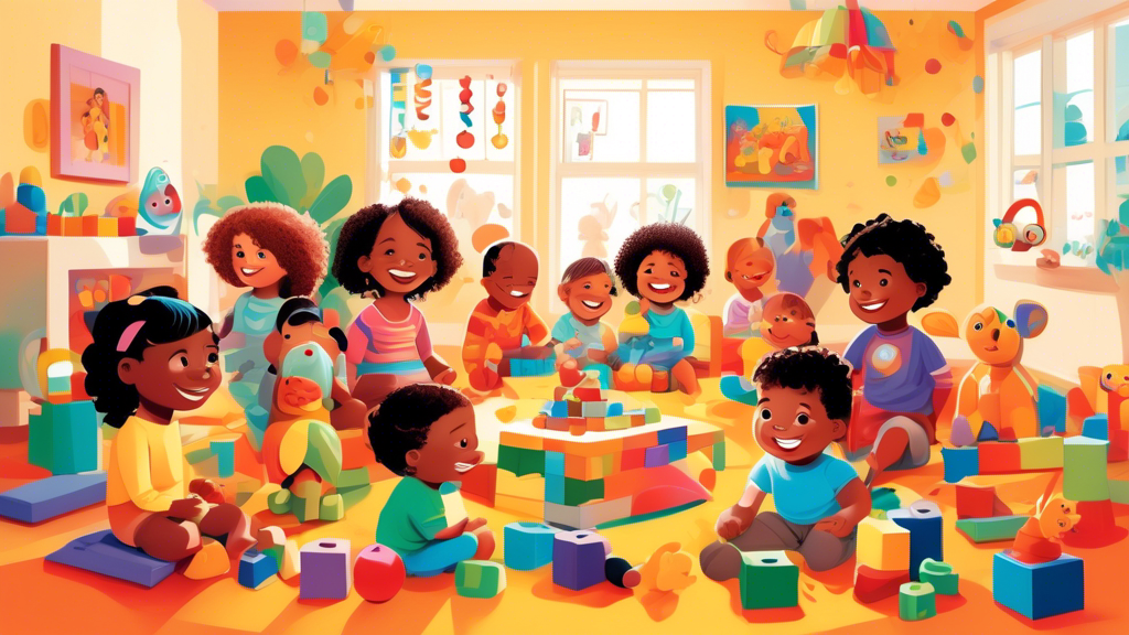 An illustration of diverse, smiling 2-year-old children sitting in a circle, surrounded by colorful and educational toys like building blocks, stuffed animals, and interactive storybooks, in a bright and playful room setting.