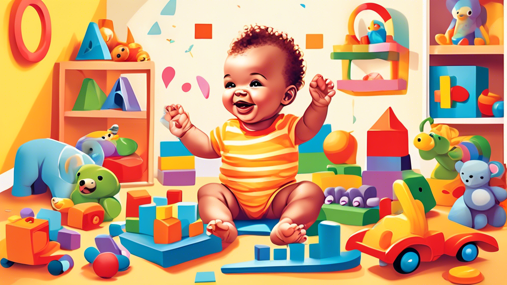 Colorful illustration of a cheerful 1-year-old baby surrounded by a variety of top developmental toys, including building blocks, soft plush animals, and a musical toy, in a bright, playful room setting.