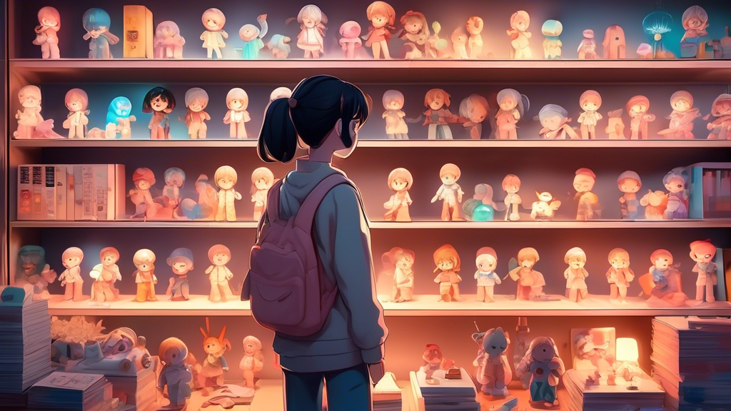 An enthusiastic beginner carefully selecting and placing anime figures on shelves, surrounded by guides and checklists, with a soft glow highlighting the collection in a cozy room.