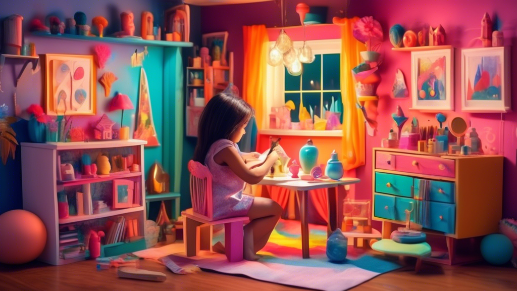 A colorful and whimsical dream dollhouse coming to life, with a beginner artist holding a paintbrush, surrounded by miniature furniture and decorations, under a magical glow of creativity.