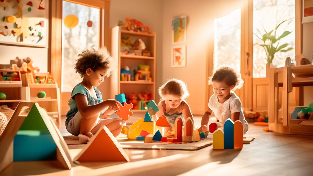 Children exploring a vibrant, educational playroom filled with a variety of classic Montessori toys, including wooden puzzles, sensory bins, and geometric shapes, under the soft glow of natural sunlight.