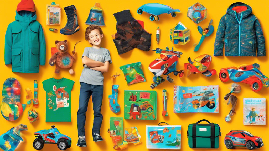 An illustrated collage of the top gift ideas for 9-year-old boys, featuring a variety of toys, educational items, and outdoor gear, set against a vibrant, festive background.