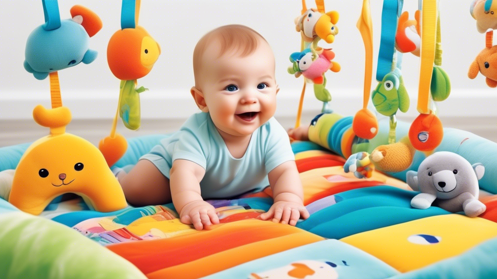 A colorful, interactive baby play gym bustling with engaging toys, hanging plush animals, and a happy infant reaching out, all vividly illustrated in a bright, child-friendly style, highlighting the benefits for infant development.