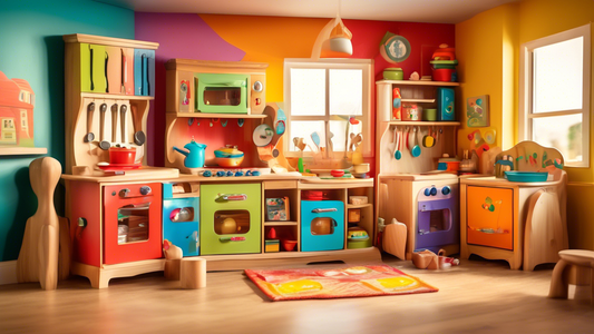 A colorful and detailed wooden play kitchen set, filled with mini pots, pans, and pretend food, showcasing a variety of wooden appliances and storage, in a warmly lit children’s playroom with joyful kids around.