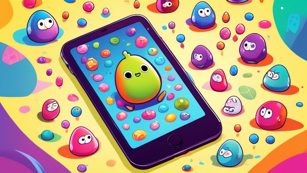 An adorable, high-resolution illustration of a person playing the Pou virtual pet game on a smartphone, with various colorful, whimsical Pou characters happily floating around in a fantastical digital world.