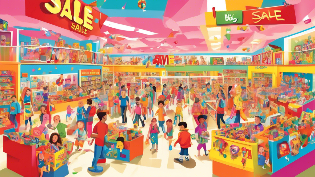 An overcrowded and colorful toy store overflowing with toys of all kinds, featuring large 'Extravaganza Sale' and 'Save Big!' signs hanging from the ceiling, with excited children and parents shopping and smiling.