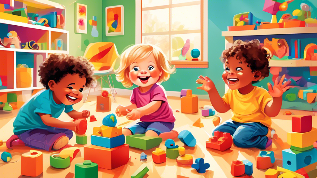 Colorful illustration of excited 3-year-old children playing with a variety of top educational and fun toys in a bright, inviting playroom setting, showcasing blocks, puzzles, art supplies, and interactive electronic toys.