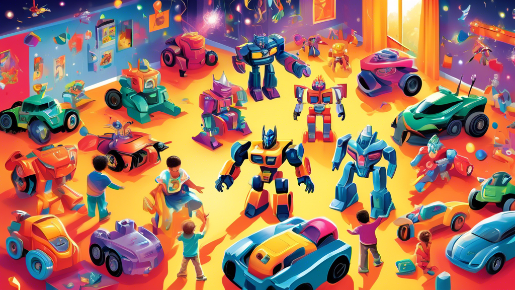 An array of colorful Transformers toys in various shapes of robots and vehicles, actively engaging in battle on a child's playroom floor, with excited children's hands reaching out to play, all under bright, magical, sparkling lights.