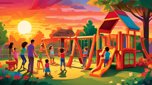 Create an enchanting illustration of a family happily selecting a colorful, multi-feature playset for their vibrant backyard, with the sun setting in the background casting warm hues over the scene.