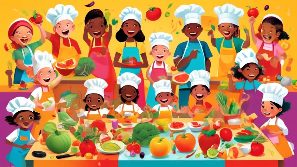 A brightly colored play kitchen set surrounded by diverse groups of children wearing chef hats and aprons, joyfully cooking and sharing imaginary dishes, with a backdrop of cartoonish fruit and vegetable characters cheering them on.