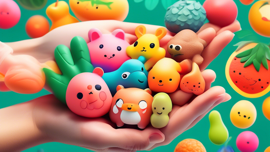 A colorful collection of squishy toys of various shapes and sizes, including animals and fruits, comfortably nestled in the hands of a smiling person with a blurred out tranquil garden background.