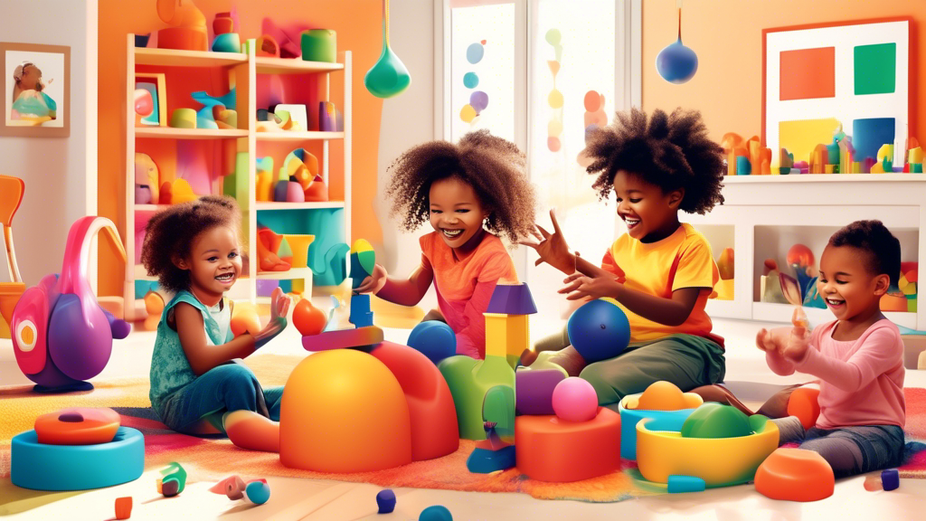 Colorful sensory toys of various shapes and textures being joyfully explored by a diverse group of smiling children in a bright, welcoming playroom