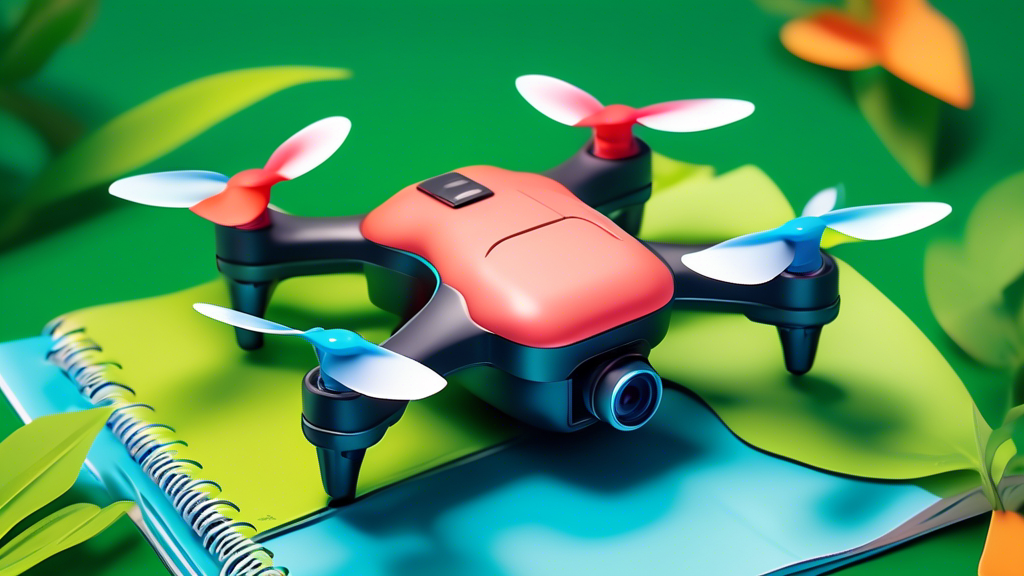 Detailed illustration of a small, colorful mini drone with propellers spinning, flying above a beginner's open guidebook in a lush, green park setting, showcasing basic controls and tips, under a clear blue sky.