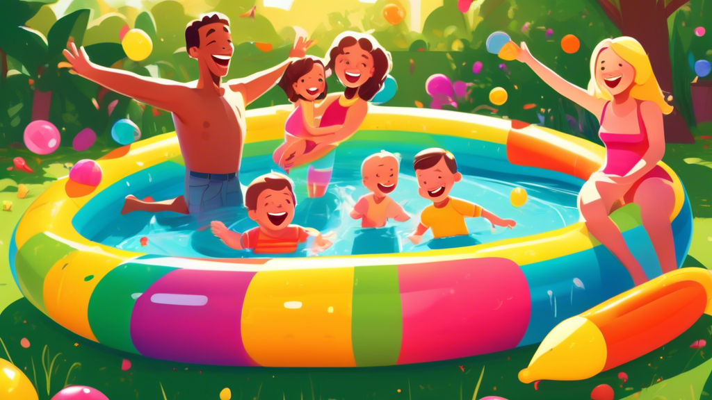 A happy family enjoying a vibrant, colorful inflatable pool filled with water toys on a sunny summer day in a lush backyard, with laughter and joy in the air