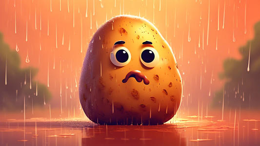 Digital artwork of a cartoon potato character sitting under a rain cloud, expressing sadness, surrounded by a warm-colored background to contrast the emotion.