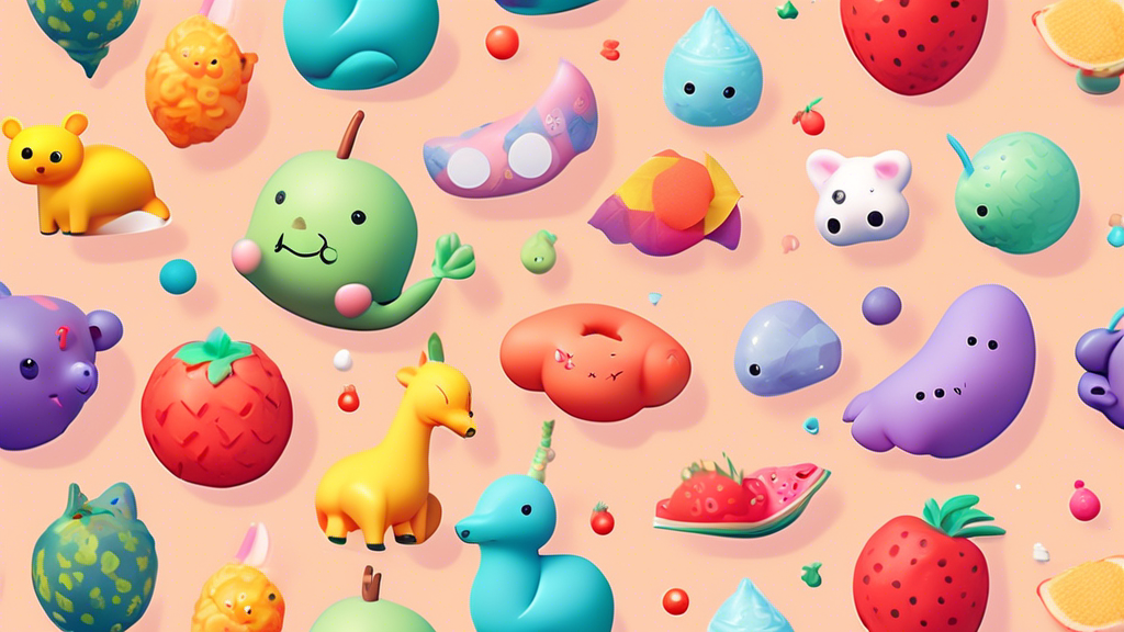 Colorful array of various squishy toys joyfully scattered across a pastel background, showcasing shapes like fruits, animals, and mystical creatures, with a beginner’s guide book opened beside them.