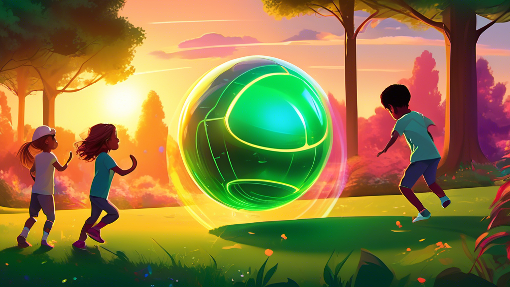 Children joyfully playing with a futuristic, glowing hover ball in a lush, green park at sunset, showcasing advanced technology seamlessly integrated into outdoor activities.