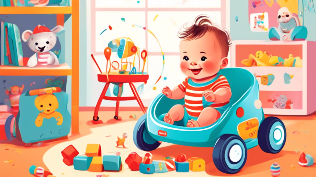 Illustration of a cheerful baby in a colorful, safe baby walker surrounded by toys, with a guidebook titled 'Choosing the Best Baby Walker: A Parent's Guide' on a table in a bright, cozy nursery room.