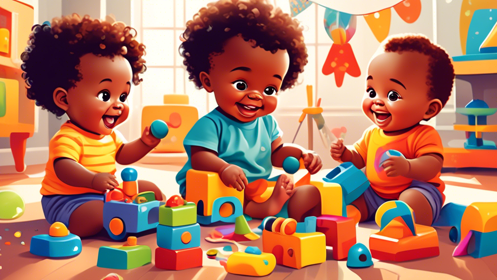 A bright, animated image featuring a cheerful, diverse group of 1-year-old toddlers joyfully playing with a variety of colorful, educational toys designed to stimulate their development, in a sunny, playroom setting.