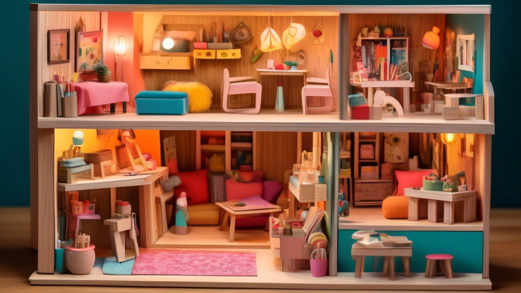 A whimsical, multi-level wooden dollhouse surrounded by miniature furniture and dolls with a backdrop of crafting tools and a guidebook open to a colorful tutorial page, all under soft, inviting lighting.