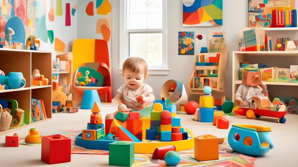 A colorful montage of fun and educational toys for 2-year-olds, including building blocks, shape sorters, and interactive books, in a playful and inviting child's playroom setting.